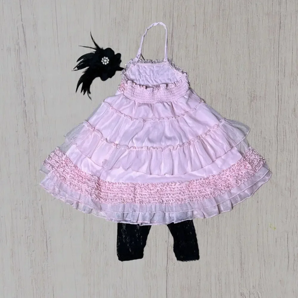 Kate Mack costume ruffled dress with black lace leggings & feather headpiece